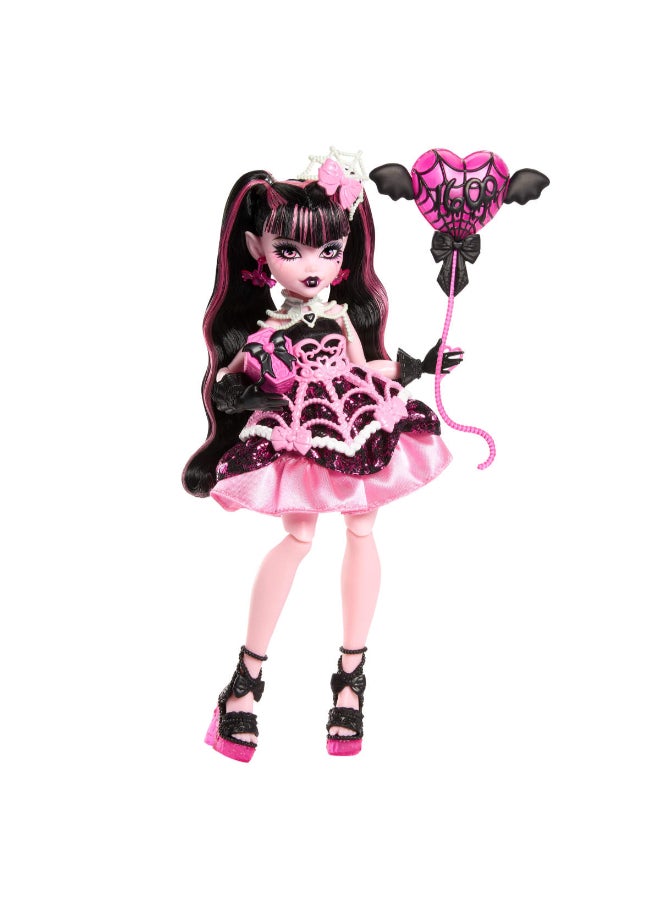 MONSTER HIGH Scary Sweet Birthday Doll, Draculaura in Pink Party Dress with Themed Accessories like Invite, Balloon, Gift, Fan and More - Image 1